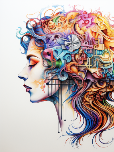 A multi-color profile drawing of a female
